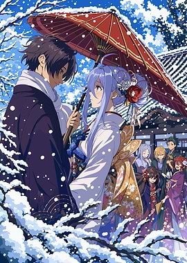 86 Anime Couple Under a Parasol in Snow