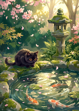 Black Cat Watching Koi Fish in Japanese Sakura Garden