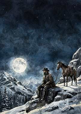 Man and horse in snowy mountains at night