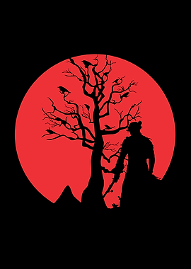 Samurai Silhouette Under Red Moon