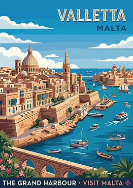 Valletta Grand Harbour Vintage Poster