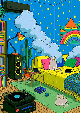Whimsical Room with Cats and Clouds