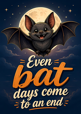Cute Bat with Moon and Inspirational Text