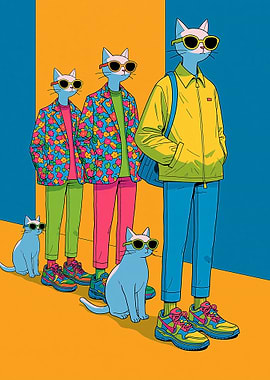 Cats in stylish outfits and sneakers