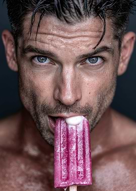 Close Portrait Man Eating Popsicle