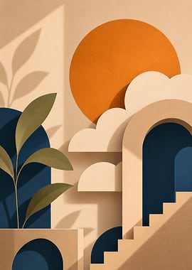 Minimalist Shadow Archways: Terracotta Sun & Botanical Art
