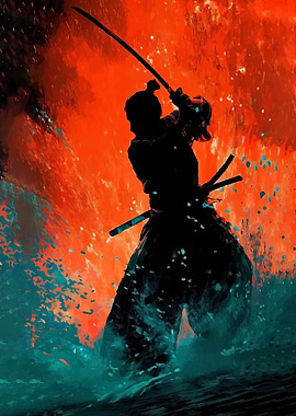 Samurai Warrior in Fiery Battle