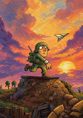 Soldier Chasing Paper Airplane at Sunset