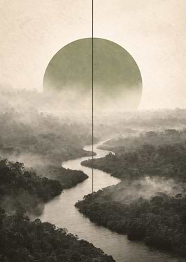 Misty River and Sun Landscape