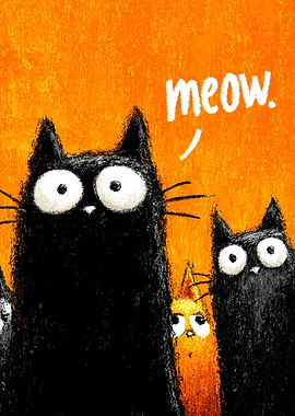 Funny Black Cats with 'Meow' Speech Bubble