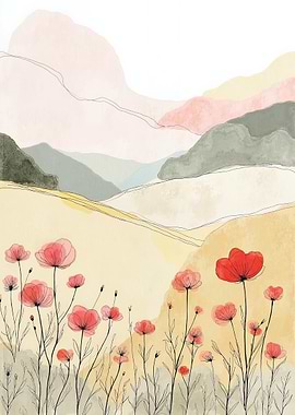 Watercolor Landscape with Poppies