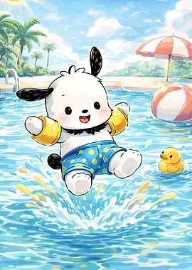 Pochacco jumping into a pool