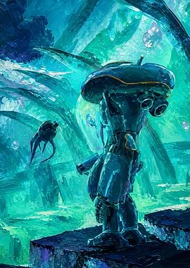 Robot in Underwater Alien Landscape