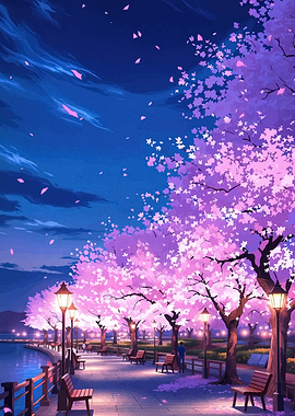 Cherry Blossom Pathway at Night