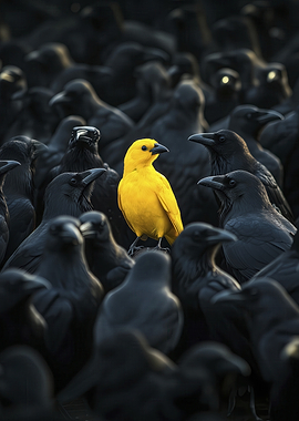 Yellow bird among black birds