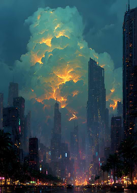 Cyberpunk Cityscape with Fiery Clouds