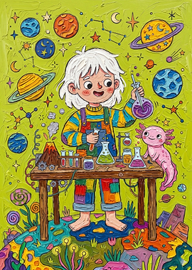 Child Scientist with Axolotl and Space Theme