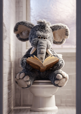 Plush Elephant Reading on Toilet