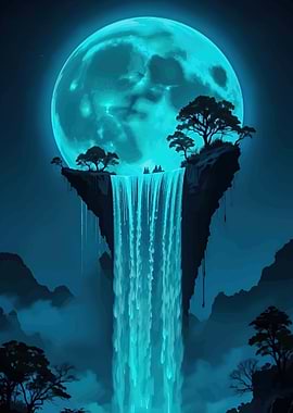 Enchanted Waterfall Under a Cyan Moon