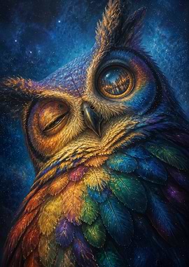 Rainbow Owl in Starry Night Sky