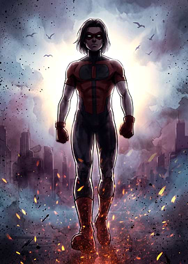 Superhero standing in a burning city