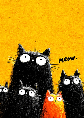 Funny Cats Meowing on Yellow Background