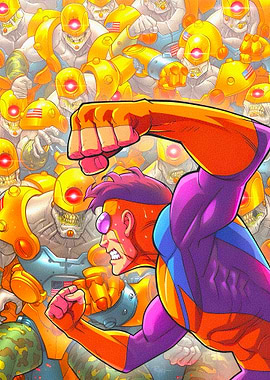 Superhero fighting robotic army