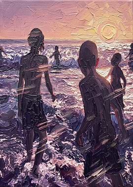 Children Playing in the Ocean at Sunset