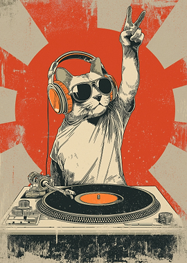 DJ Cat with Headphones and Turntable