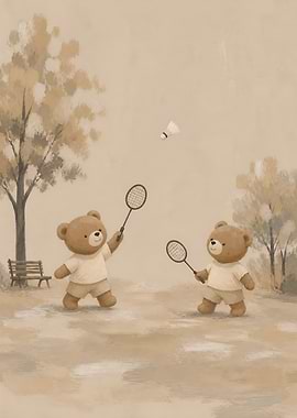 Teddy Bears Playing Badminton