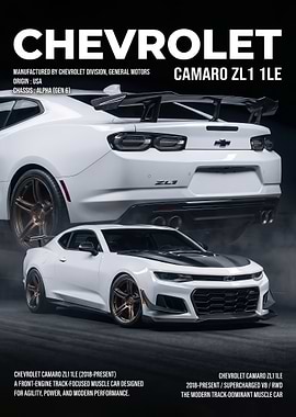 sleek white Chevrolet Camaro ZL1 1LE car poster