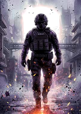 SWAT Officer in a Burning City