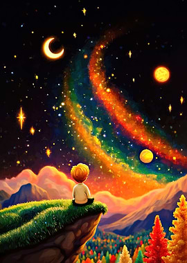 Boy Gazing at a Colorful Galaxy