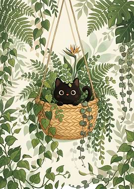 Cute Black Cat in Hanging Plant Basket