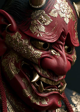 Red Oni Mask with Gold Floral Accents