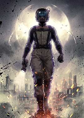 Post-Apocalyptic Explorer in Ruined City