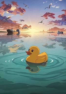 Rubber Duck in a Sunset Ocean