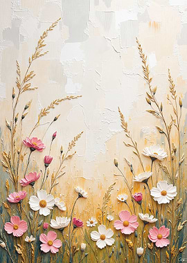 Textured Floral Painting with Wheat Stalks