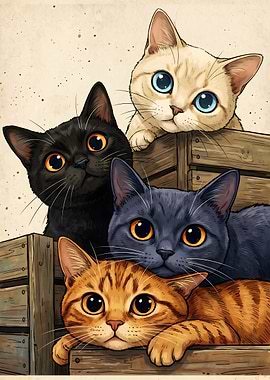Four Adorable Kittens in Wooden Crates