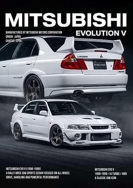 sleek white Mitsubishi Lancer Evolution V car poster