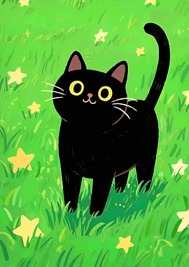 Cute Black Cat in Starry Grass