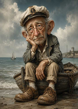 Sad old sailor in a boat