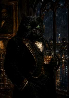 Black Cat Fathers Day Gift Gothic Window Rainy Night Cityscape Crystal Whiskey Tuxedo