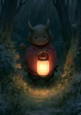 Oni holding a lantern in a forest
