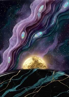 Cosmic Golden Sunrise Over Marble Landscape