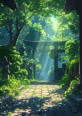Serene Forest Path with Torii Gate