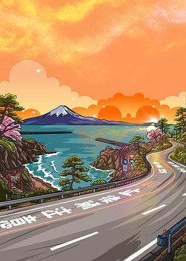 Pixel Art Japanese Coastal Road at Sunset