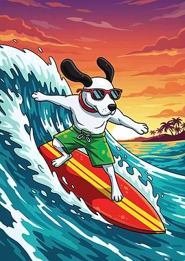 Dog Surfing at Sunset