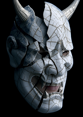 Cracked Oni Mask with Horns