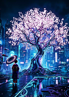 Cyberpunk Geisha Under Cherry Blossoms